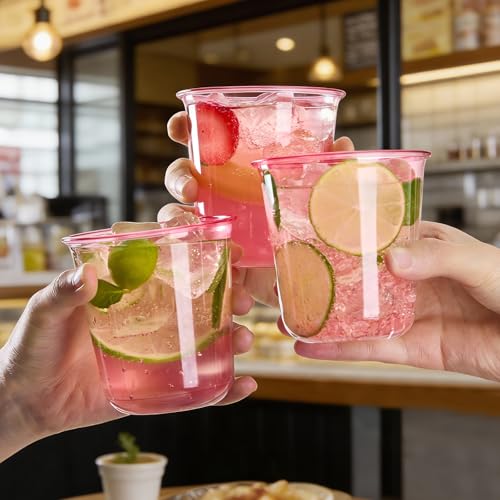 50 Pcs Pink Plastic Cups, 12oz Disposable Stemless Wine Glasses Pink Cocktail Party Cups for Graduation, Meeting, Wedding, Birthday Party