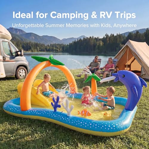 Kiddie Pool with Slide & Sprinkler, Inflatable Play Center, 95"x75"x40" Outdoor Blow-Up Splash Pad Pools for Toddlers Ages 2+, Water Game Play Center Backyard Kids Water Slide for Summer Fun