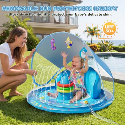 Baby Splash Pad, Inflatable Baby Pool Float with Canopy, Splash Pad with Stackable Rings & Hanging Toys for Toddlers, Baby Pool Sprinkler, Outdoor Water Play Toys for Boys Girls