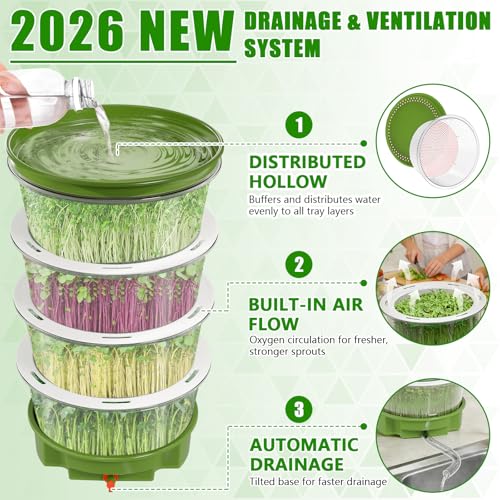 4-Tier Sprouts Growing Kit with Drain Hose & Ventilation Holes, Stackable Microgreens Growing Sprouting Trays Including Blackout Cover, Soil-Free Sprouter for Planting Broccoli Alfalfa Bean Seeds
