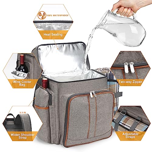 Picnic Backpack for 4, Picnic Basket Set, Leakproof Picnic Bag, Beach Cooler Backpack with Insulated Cooler Wine Pouch,Picnic Blanket, Double Deck Picnic Backpack for Beach,Camping,Park(BrushedKhaki)