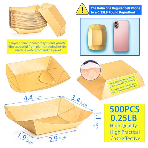 500 Pack 1/4Lb Paper Food Boat Trays Disposable Small Paper Boats Plates Containers, 0.25Lb Mini Kraft Food Serving Tray Boat Basket Bowl for Snack Fries Dessert Popcorn Sauce BBQ Tacos Nacho