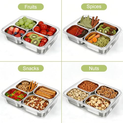 Snackle Box Container,Clear Divided Serving Snack Tray with 4 Removable Stainless Steel Containers for Fruit Veggie Candy,Snack Tray with Lid Leak-Proof for Wet/Dry Food-Perfect for Beach,Picnic