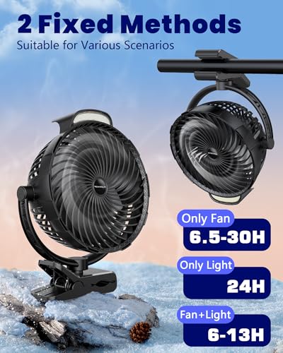 10000mAh Clip on Fan, 8-Inch Golf Cart Fan Rechargeable with LED Light, 9 Speeds Strong Airflow, Ultra Quiet, 30Hrs Runtime, 360° Rotation, Cooling for Bed Camping Office Desk Dorm, Black