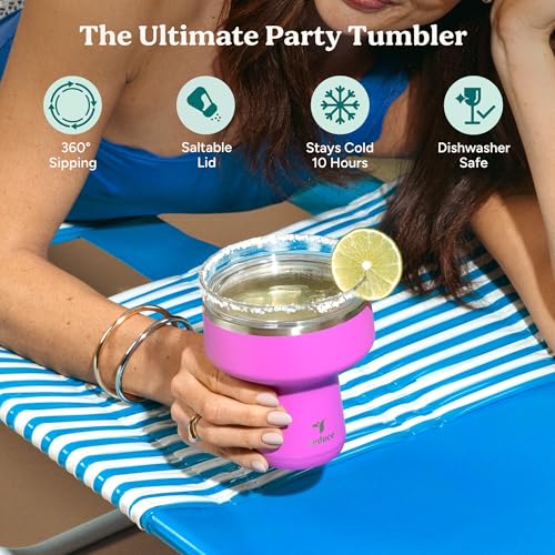 REDUCE Saltini 16 oz Cocktail Tumbler - Insulated Margarita Tumbler with Lid - Keeps Drinks Cold for 10 Hours - 360 Sippable Martini Glass Alternative - Shatterproof, Perfect for Parties - Lemon Luau