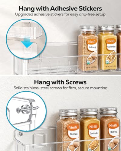 Nieifi Spice Rack Wall Mount, 4 Pack Clear, 2" Depth, Screw/Adhesive
