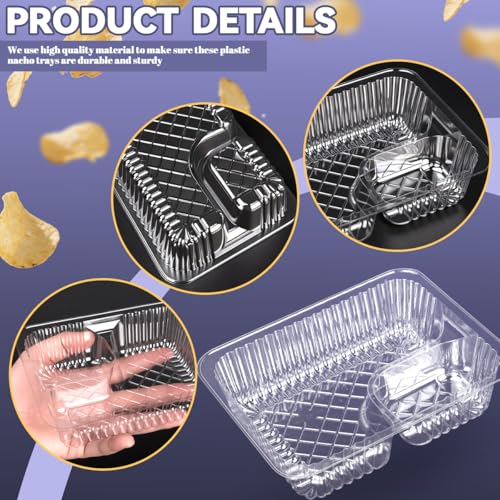 100 Pcs 12oz 6.5''x5'' Plastic Nacho Trays, Small Disposable Tray for Nachos & Cheese Dip, Clear Nacho Containers for Chip, 2 Compartment Movie Night Snack Trays Great for Snacks, Fair Foods