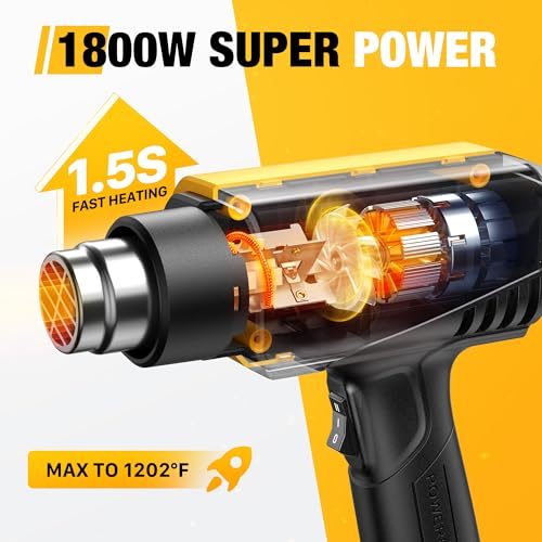 SEEKONE 1800W Heat Gun Compact Design Heavy Duty Hot Air Gun 122℉-1202℉(50℃- 650℃)Variable Temperature Control for 2 Speed Settings with 4 Nozzels for Crafts, Vinyl Wrap, Shrink Tubing