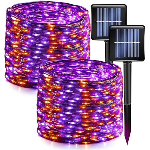 Dazzle Bright 2 Pack Purple and Orange Halloween Fairy String Lights, Total 80FT 240LED Solar Powered Fairy Lights with 8 Modes, Waterproof Copper