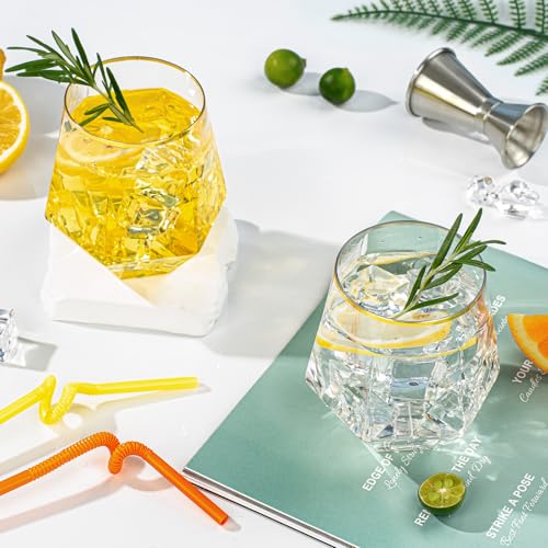 Goodluck 40 PCS Diamond Stemless Plastic Wine Whiskey Glasses, 12 Oz Disposable Cocktail Glasses, Suitable for Weddings, Birthday Parties, Family Gatherings, Bars, etc (Gold rimmed cups)