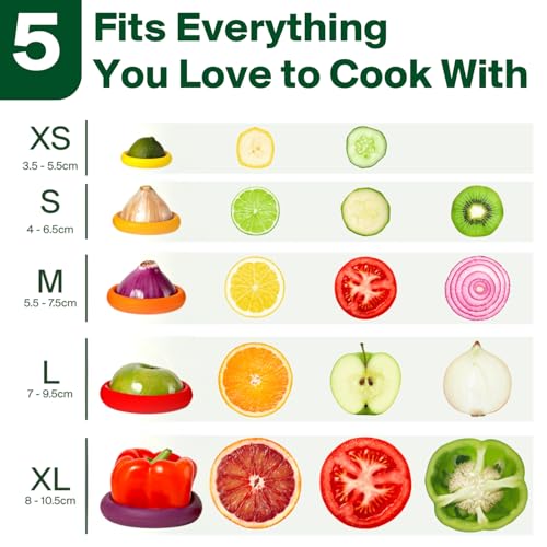 Food Huggers 5pc Reusable Silicone Food Savers | BPA Free & Dishwasher Safe | Fruit & Vegetable Produce Storage for Onion, Tomato, Lemon, Banana, Cans & More | Round, Autumn Harvest