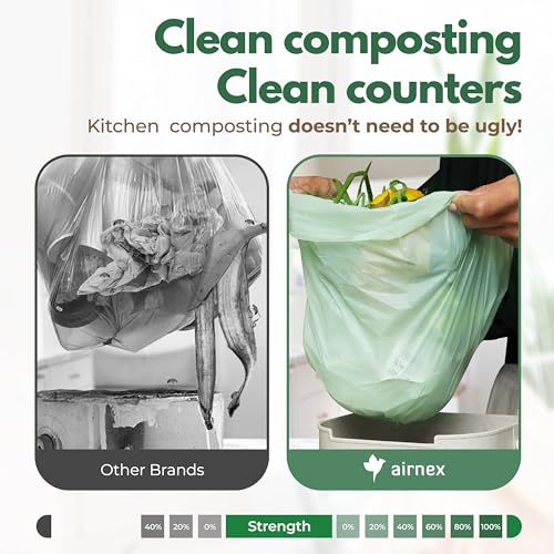 AIRNEX Small Compost Bags 1.6 Gal - 50 Compostable Kitchen Trash Bags for Countertop Bin - Cornstarch Leakproof & Tear-Resistant - OK Compost Home & Seedling Certified 0.18 mm Kitchen Garbage Bags