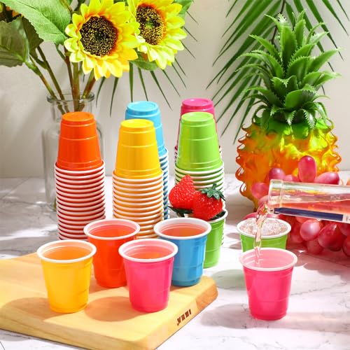 Roshtia 100 Pack 2 oz Plastic Shot Cups, Graduation Mini Disposable Shot Glasses 2 oz Party Cups for Graduation Wedding Party, Beer Taste Serving, Snacks(Multi Colors)