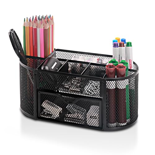 Comix Mesh Pen Pencil Holder Desk Organizer, 8 Compartment and 1 Drawer Wire Desktop Pen Pencil Cup Caddy Office Supplies Accessories for Home Office School, Black