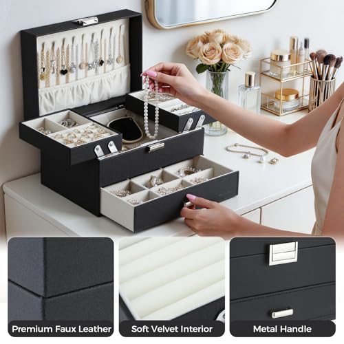 Dajasan Jewelry Organizer Box, Large Jewelry Boxes for Women Girls, Space-Saving 3 Layers Jewelry Storage Case with Drawer, Movable Metal Stand, Modern, Gift Idea (Black)