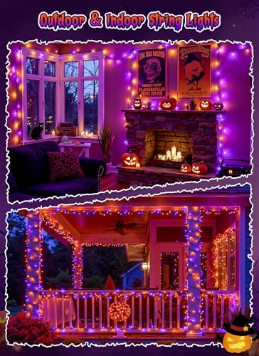 Brightown 2 Pack Solar Halloween Lights, 144ft 400 LED, Orange & Purple