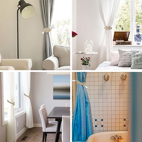 NICEEC 4 Pack Mini Magnetic Curtain Tiebacks Nordic Simple Style Drape Tie Backs Elegant Hand Weave Rope Knot Decorative Curtain Holdbacks for Home & Office Thin Window Drapery (Beige)