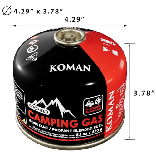 KOMAN Isobutane Fuel Canister 230 Gram Camping Stove Fuel Butane Propane Blend Camping Fuel Gas Canister Backpacking Fuel Light-Weight Compact Camping Fuel (4 Pack)