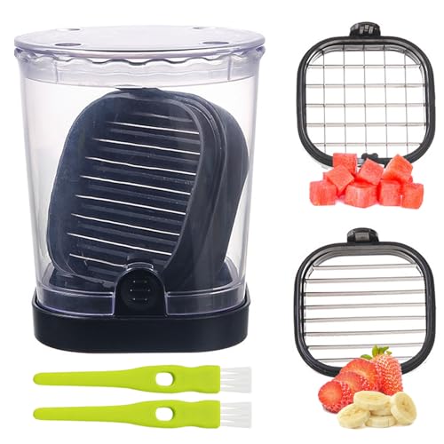 2-in-1 Detachable Fruit Slicer & Dicer, Stainless Steel Strawberry Slicer with Lid, Fruit Cutter with Push Plate for Banana Egg, Creative Cup Slicer, Must Have Vegetable Cutter Kitchen Gadget