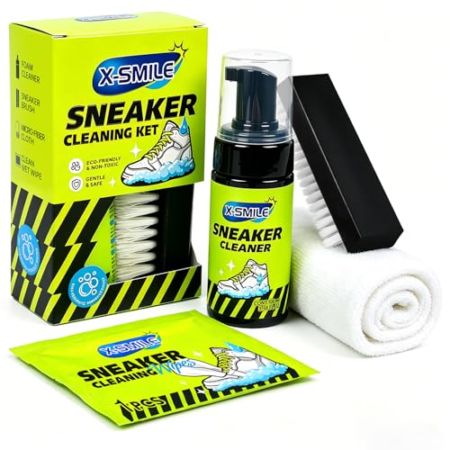 X-SMILE Sneaker Cleaning Kit, Foam Cleaner for White Shoes, PU & Synthetic, Canvas, Mesh & Rubber, Brush, Towel & Wipe 100ml