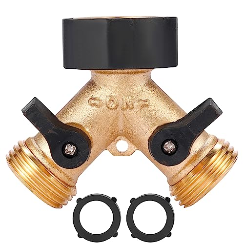 Garden Hose Splitter 2 Way Heavy Duty, Y Connector Brass Garden Hose Adapter, Hose Bib Splitter with 2 Extra Rubber Washers