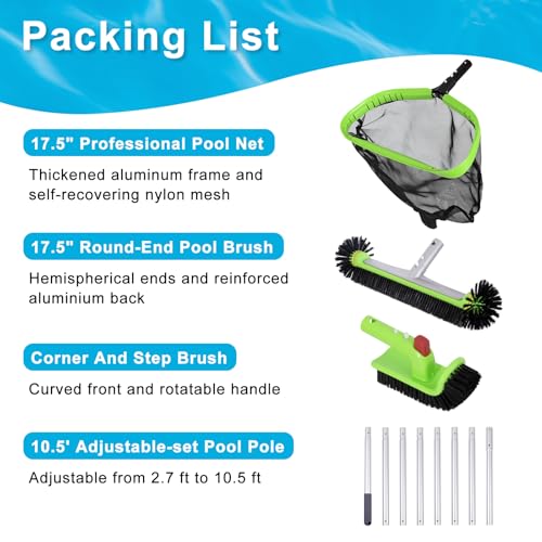 Sepetrel Deluxe Swimming Pool Cleaning Kit with 10.5" Aluminum Pole, Professional Pool Maintenance Set with Leaf Skimmer Net, 17.5" Pool Brush Head & Hand Scrub Brush for Inground & Above Ground Pools