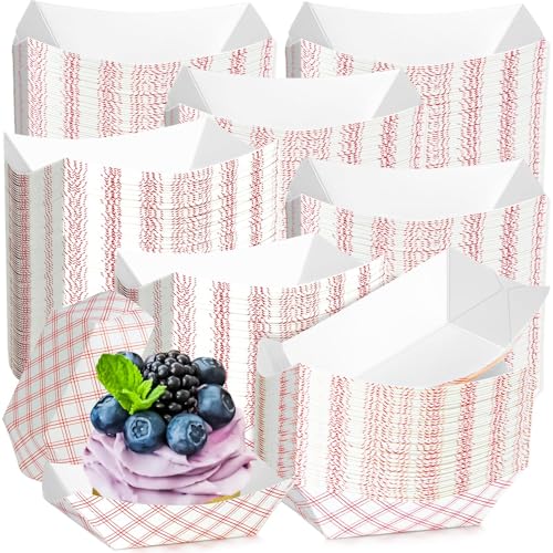 300 Pack Checkered 1/4Lb Paper Food Boat Trays Disposable Small Paper Boats Plates Containers, 0.25Lb Mini Kraft Food Serving Boat Tray Bowls for Snack Fries Dessert Popcorn Sauce Taco Nacho