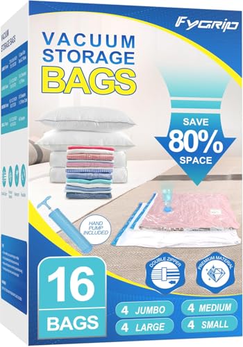 16 Combo Vacuum Storage Bags with Hand Pump, 4 Jumbo + 4 Large + 4 Medium + 4 Small Plastic Packaging Bags, 80% Space Saver Vacuum Seal Bags for Clothing, Travel Lugggage, Blankets, Comforters