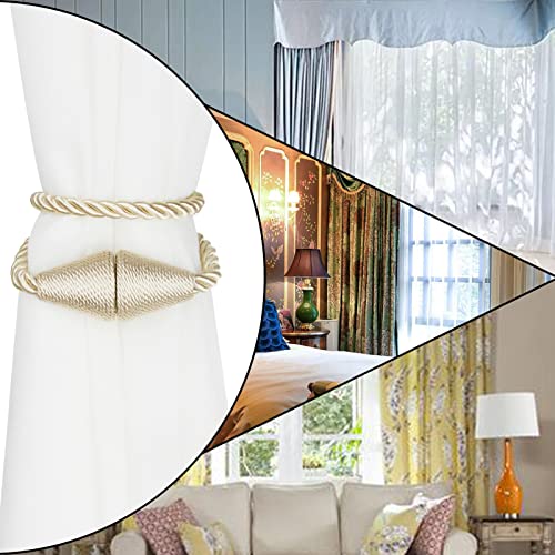 4 Pack Magnetic Curtain Tiebacks Rope Modern Handmade Curtain Tie Backs Decorative Drapes Weave Holdbacks for Window Décor, Beige