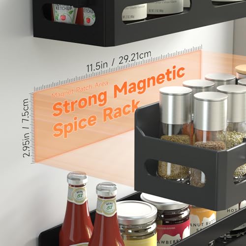 4-Pack Magnetic Spice Rack for Refrigerator with Hooks, Black