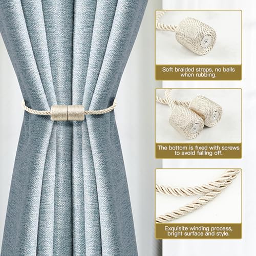 4 Pack Strong Magnetic Curtain Tiebacks with Thicker Twist Rope Decorative Tie Backs Holdbacks for Drapes Window Curtain, Beige