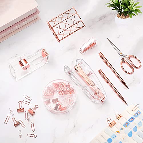 Famassi Rose Gold Desk Accessories,Office Supplies Set Acrylic Stapler Set Staple Remover, Tape Holder, 2 Ballpoint Pen, Scissor, Binder/Paper Clips and 1000pcs Staples.