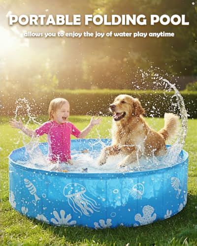 Foldable Kiddie Pool with Canopy UPF 50+, 47 Inch Non-Inflatable Swimming Kids Pool, Baby Pool for Toddler 1-3, Dog Pools for Backyard, Portable Water Play for Outdoor Backyard Beach, Blue