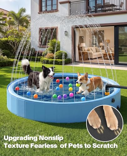 79'' Dog Pool with Sprinkler, Foldable Dog Pools for Large Dogs, 2-in-1 Non-Slip Swimming Pool for Dogs & Kids, Heavy Duty Hard Plastic Pet Bathing Tub for Outdoor Backyard, Blue