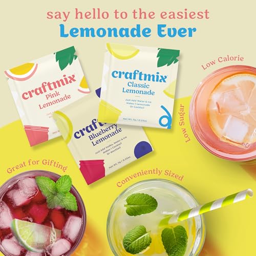 Craftmix Lemonade Variety Mix, 12 Packets, Easy Powder Drink with Real Fruit, Low-Sugar, Vegan, Low-Carb, Non-GMO, Dairy-Free, Gluten-Free, Flavored Water Enhancer, On-the-Go Water Flavoring Packets