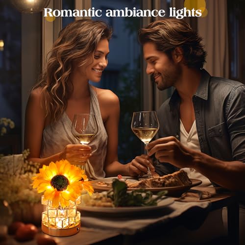 AMWGIMI Sunflowers Flower Lamp,Rechargeable Cordless Touch Table Lamp,3-Colour Infinitely Dimming Small Night Light,Festival Restaurant Bedroom Bar Coffee Shop Birthday Gifts for Women Mom