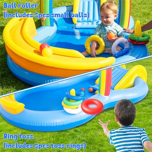 Inflatable Swimming Pool with Water Slide, Inflatable Play Center with Spray Water, Toss Ring, Ball for Outdoor Backyard Garden Water Park