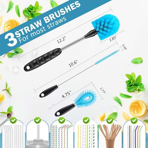 12.2 inch Bottle Brush Set of Three,Washable Coffee Cups, Water Bottles, Baby Bottles, Straws, to-go Cups, Long-Handled 3-in-1 Stainless Steel Bottle Brushes.