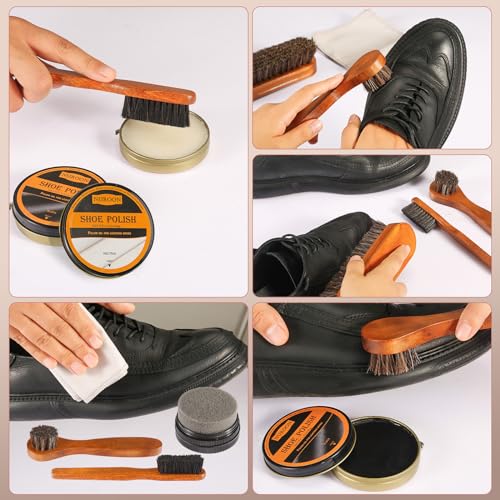 13Pcs Shoe Care Kit for Men & Women,3 Horsehair Shoe Polish Brush,Black Brown Neutral Mink Oil for Shoes,Care for Leather Boots, Shoe Cleaning Kit as Gift for Men with Shine Sponges & Care Cloth