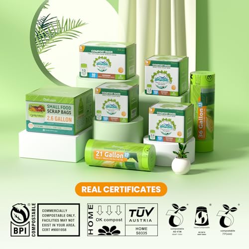 GreFusion Compostable Bags 1.2 Gallon,125 Count, Fits 0.75,1,1.2,1.3,1.6,1.8 Gallon Countertop Bin, Small compost bags, Certified by BPI, ASTM D6400 and OK Compost