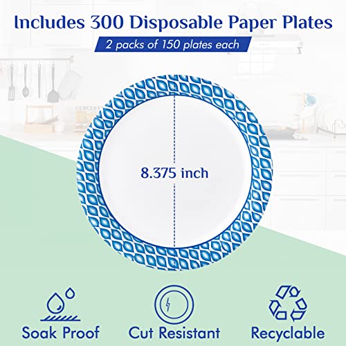 MUCHII 8.375 Inch Disposable Paper Plates, 300 Count Soak and Cut Proof Printed Paper Plates for Daily Use, Holiday for Family Gatherings, Parties, Picnic