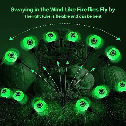 BeHiller Halloween Decorations Outdoor Solar Scary Eyeball Lights,2PACKS 12LED Green Eyeball Swaying Firefly Lights,Waterproof Solar Halloween Path