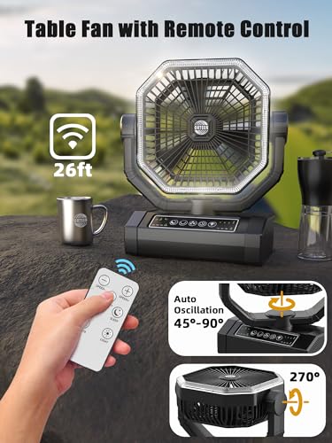 Portable Rechargeable Fan - 9-Inch Camping Fan for Tent, 24000mAh(60Hrs) Battery Operated Fan for Camping, Auto Oscillation Cordless Fans, Tent Fans with Remote/Light, 4 Speeds, 4 Timing, Outdoor