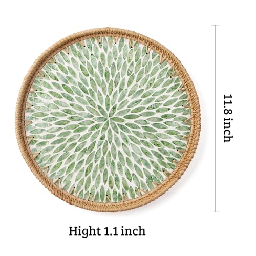 Round Rattan Tray with Mother of Pearl Inlay, Decorative Wicker Serving Tray with Wooden Base, Woven Basket Trays for Bread Fruits Coffee, Leaf