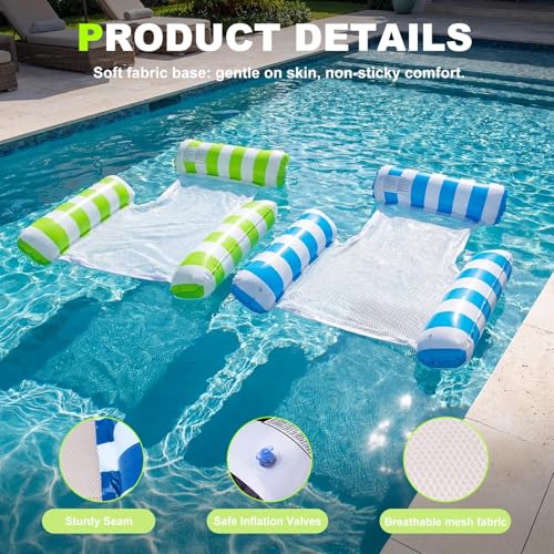 Inflatable Pool Floats Adult, 2 Pack Thick Pool Floaties Heavy Duty, Non-Stick PVC Rafts Chairs with Mesh Seat, Hammock Noodles Lounger for Summer Water Party Lake Beach