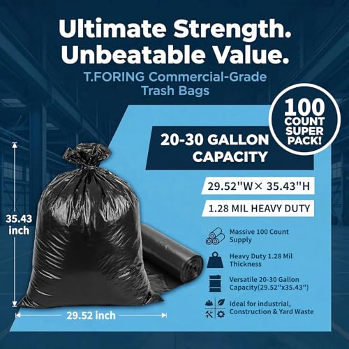 20-30 Gallon Trash Bags Black - 1.28 Mil Thick,30" x 35" Large Garbage Bags 100 Count,20+ Gallon Heavy Duty Trash Can Liners Unscented for Kitchen Home Office Commercial Outdoor