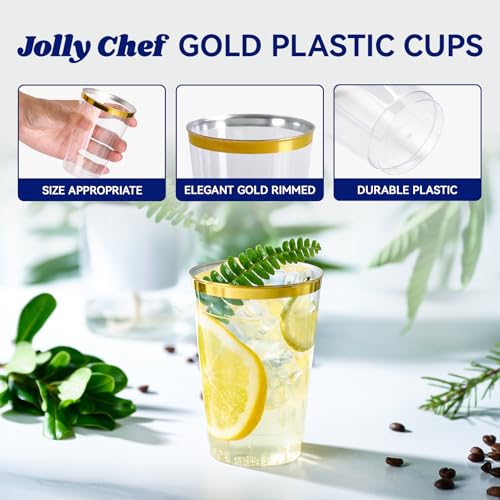 JOLLY CHEF 100 Pack Gold Plastic Disposable Cups, 12 oz Clear Plastic Cups Tumblers, Elegant Gold Rimmed Disposable Glasses for Wedding, Thanksgiving Day, Christmas