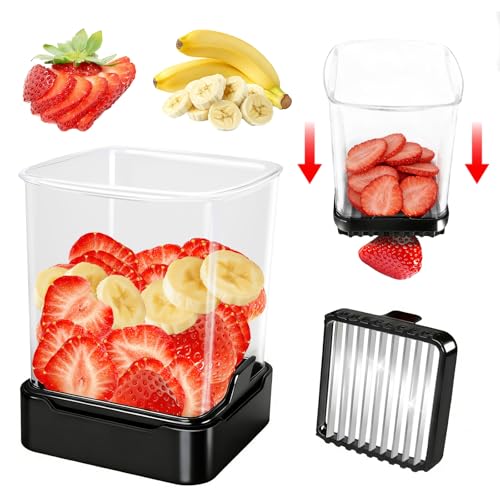 Fruit Slicer Cup for Strawberry, Banana, Hard-Boiled Egg - Detachable Cutter with Push Plate - 304 Stainless Steel Blade - Rapid & Safe Slicing Kitchen Gadget for Quick Meal Prep (Black)