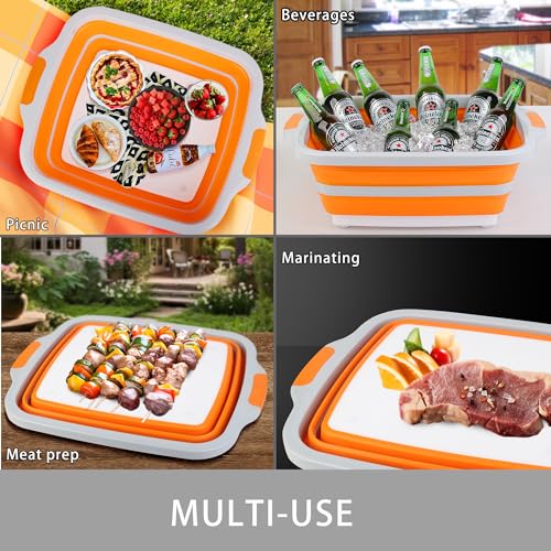 Tiawudi Large Collapsible BBQ Prep Tub with Lid(4.22 Gal/16L), Foldable Camping Sink with Colander, Cutting Board, Dish Basin for Kitchen, Bowl, Vegetable and Fruit, Storage Basket for Picnic