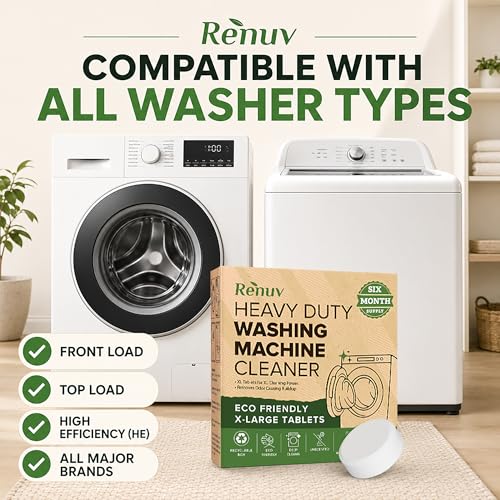 Renuv® Heavy Duty Washing Machine Cleaner Descaler Tablets - for Front Load, Top Load Washer, HE (6 XL Tablets - 6 Months Supply)